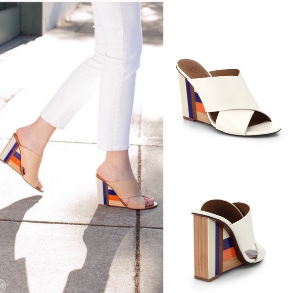 Tory Burch Leather Perspex Wedge Mules Cube Leather Crossover Wedge Sandals - Picture 2 of 16